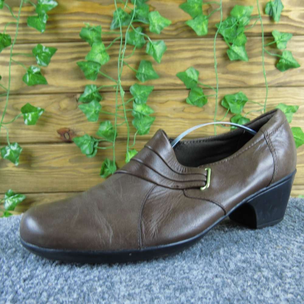 Clarks Women's Brown Leather Slip On Heeled Booties‎ Comfort Shoes 9.5M